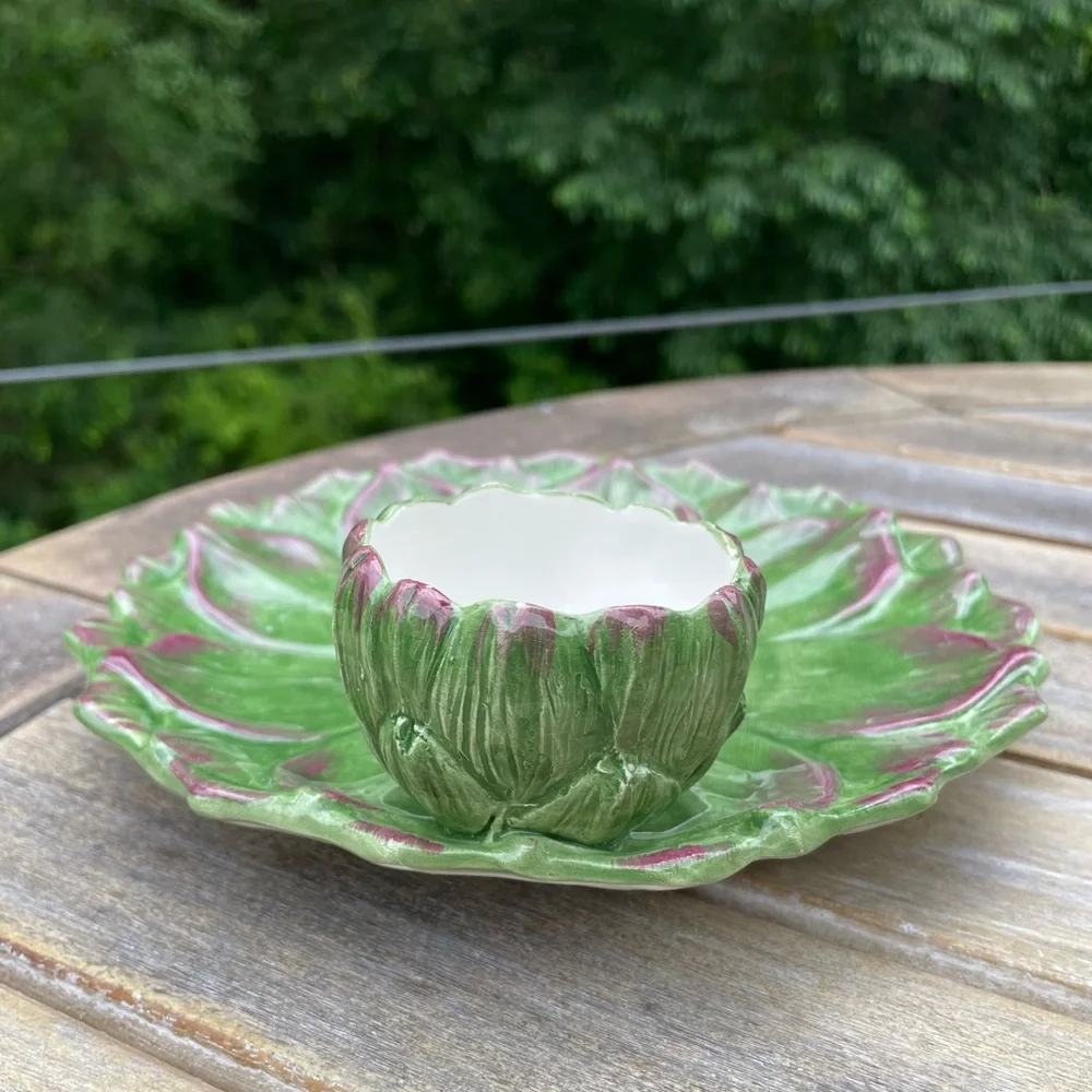 Vintage Sur La Table Green Majolica Artichoke Plate Attached Dip Dish 8” Italy